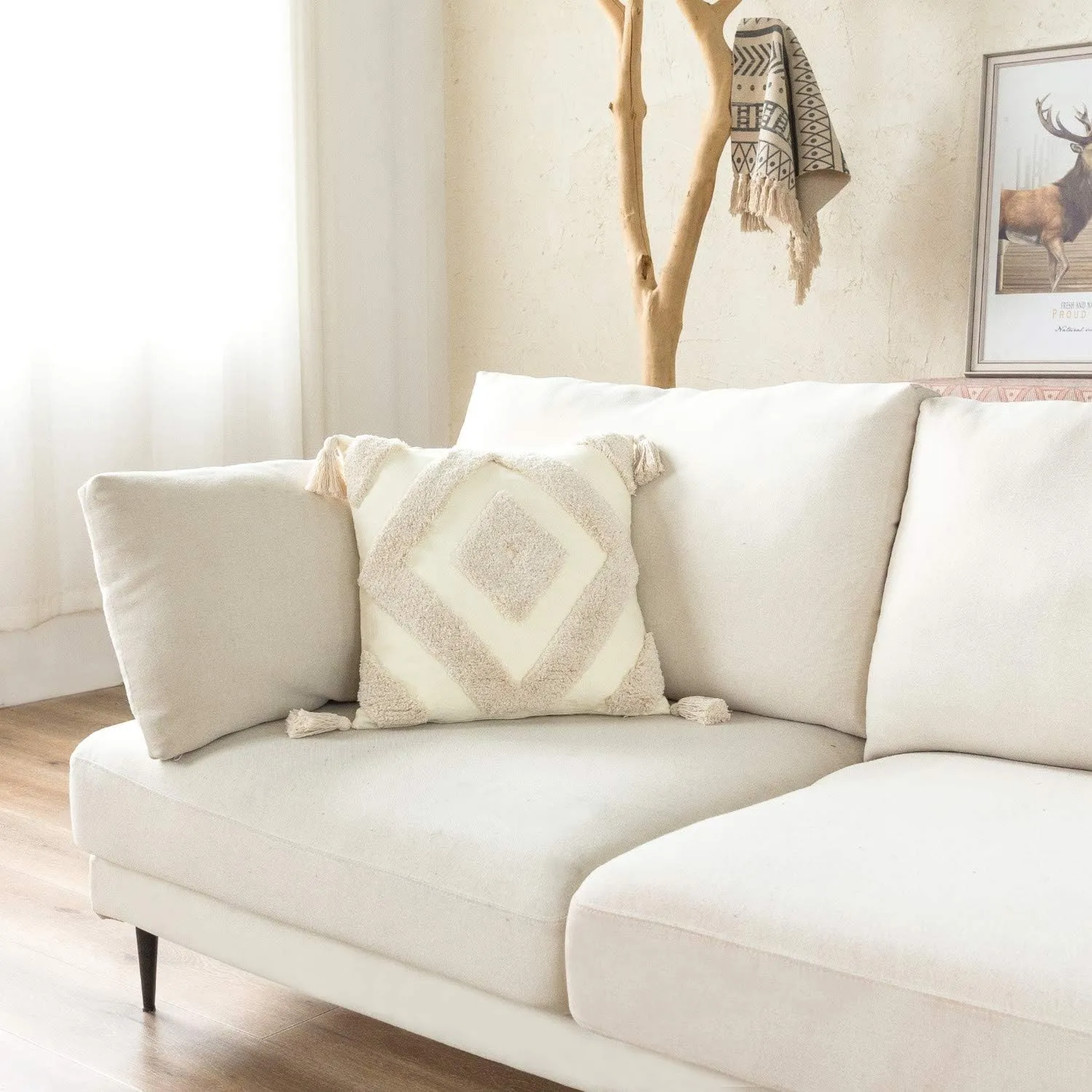 Woven Tufted Boho Throw Pillow Cover, Modern Decorative Geometric Diamond Chevron Square Cushion with Tassels, Farmhouse Tribal Pillowcases for Couch Sofa Bedroom Living Room, 18 x 18 Inches, Ivory