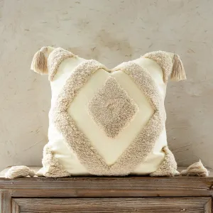 Woven Tufted Boho Throw Pillow Cover, Modern Decorative Geometric Diamond Chevron Square Cushion with Tassels, Farmhouse Tribal Pillowcases for Couch Sofa Bedroom Living Room, 18 x 18 Inches, Ivory