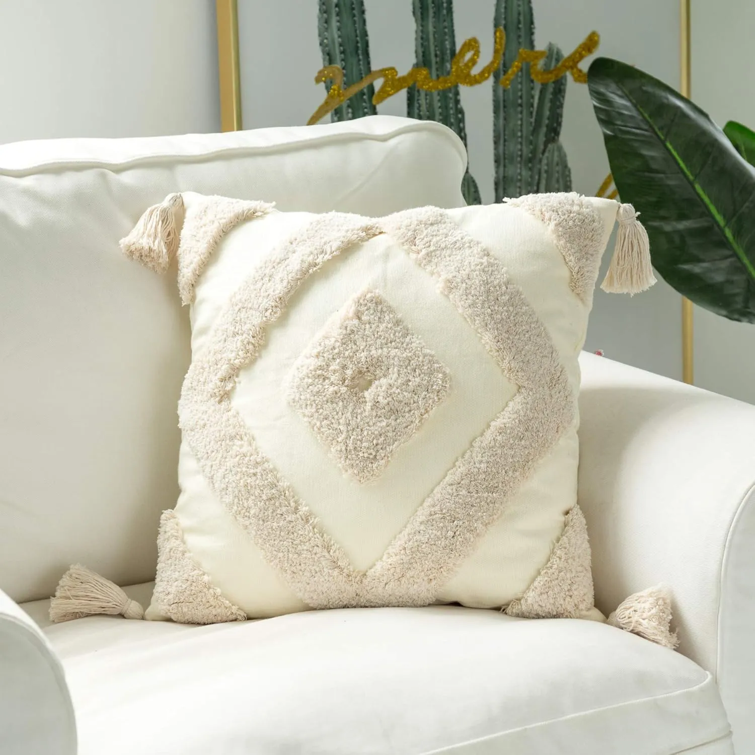 Woven Tufted Boho Throw Pillow Cover, Modern Decorative Geometric Diamond Chevron Square Cushion with Tassels, Farmhouse Tribal Pillowcases for Couch Sofa Bedroom Living Room, 18 x 18 Inches, Ivory
