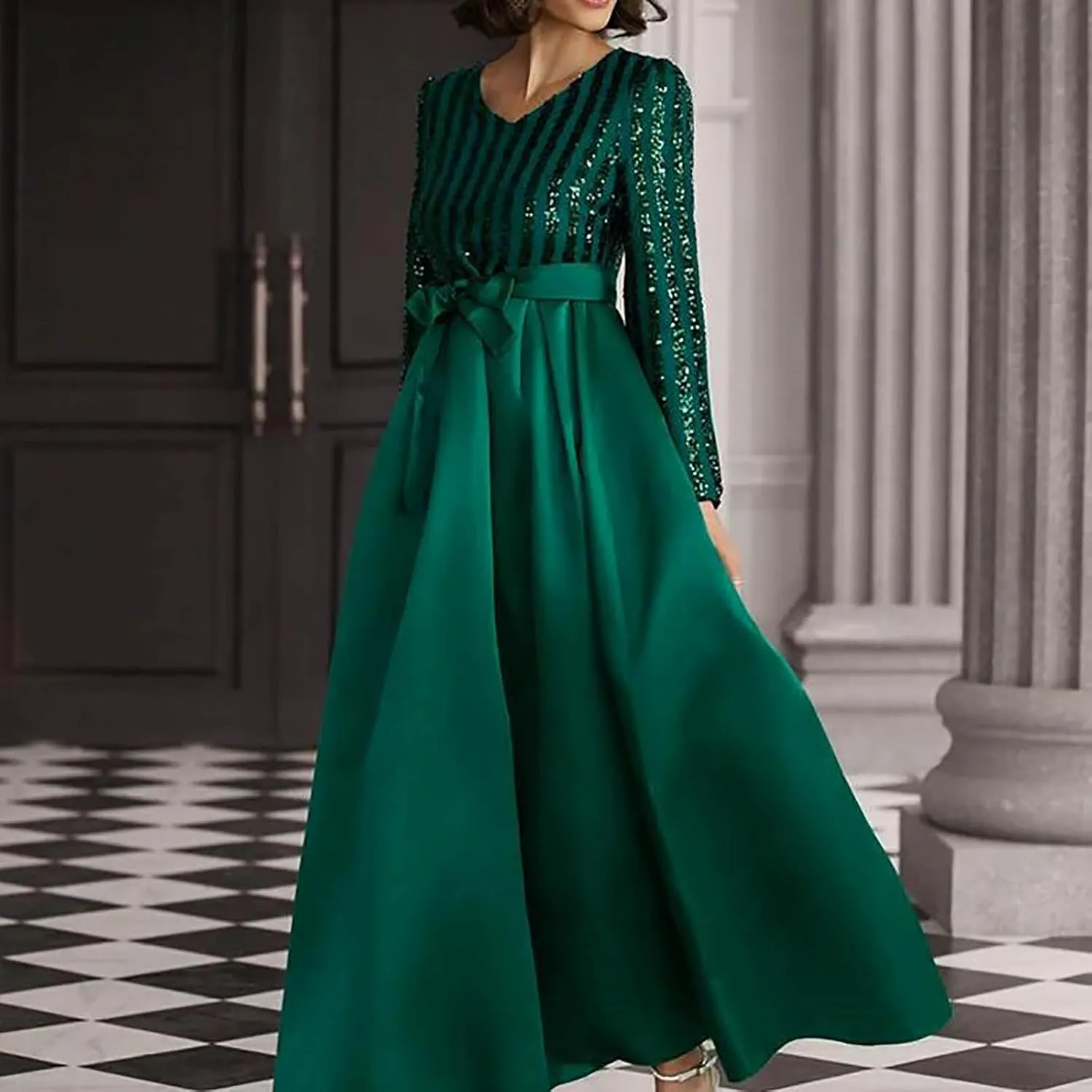 Wpmen's Dress Sexy Deep V Lace Mesh Maxi Formal Dress Party Cocktail Dresses Long Sleeve Elegant Wedding Dress