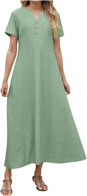 Xiaojmake Womens Short Sleeve V Neck Eyelet Long Maxi Dress Trendy Elegant Button Full Length Casual Crochet Swing Sundresses