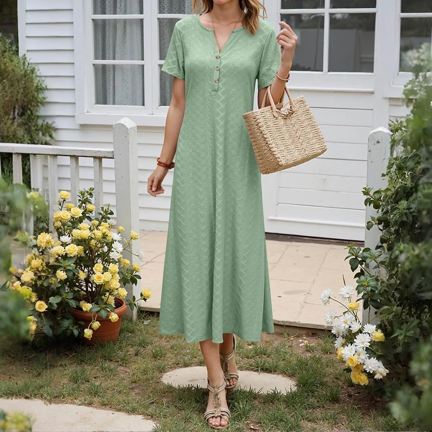 Xiaojmake Womens Short Sleeve V Neck Eyelet Long Maxi Dress Trendy Elegant Button Full Length Casual Crochet Swing Sundresses