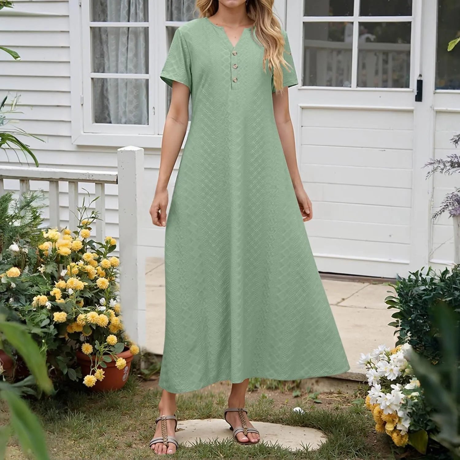 Xiaojmake Womens Short Sleeve V Neck Eyelet Long Maxi Dress Trendy Elegant Button Full Length Casual Crochet Swing Sundresses