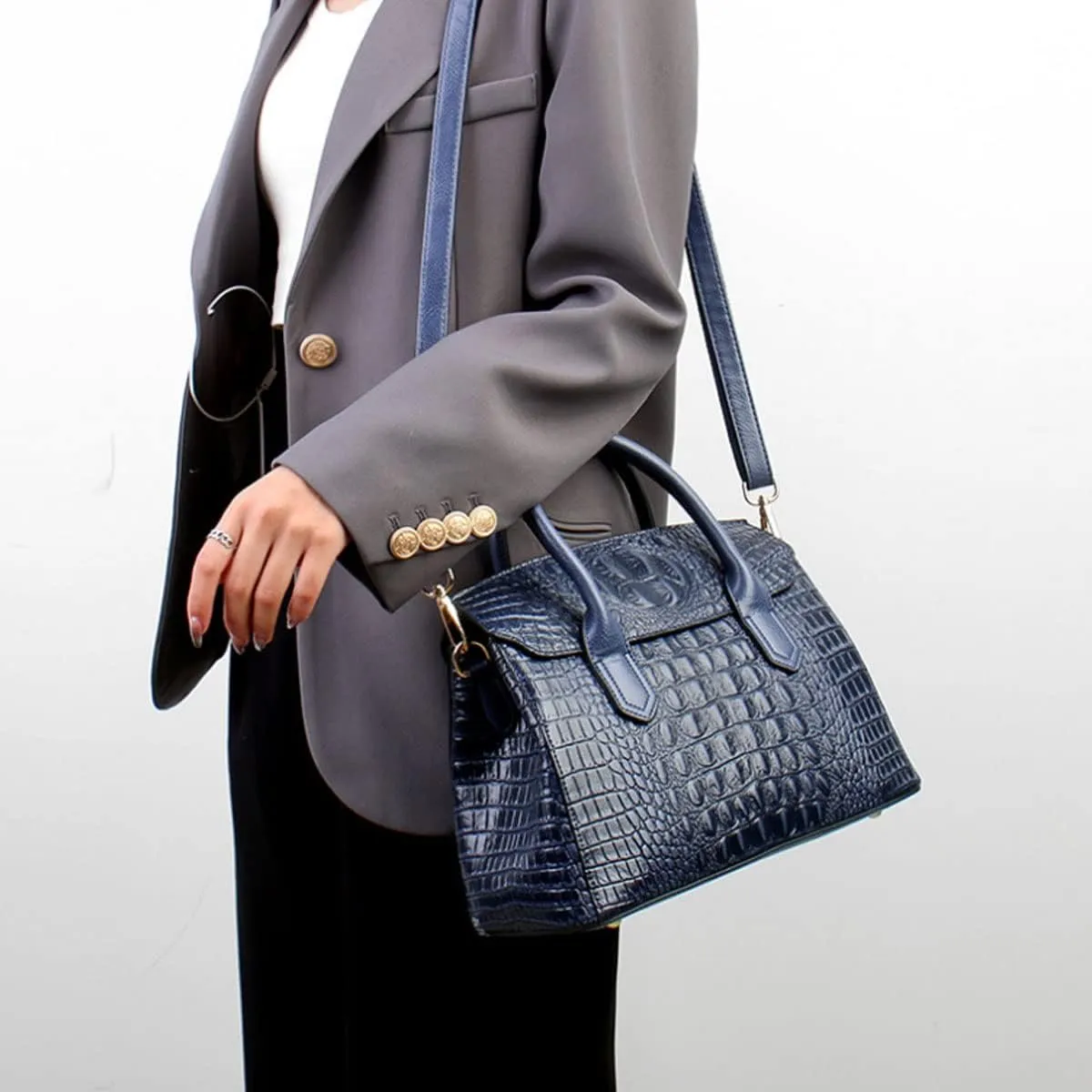 XXGJOALD-Handbags and Purses for Women Crocodile Pattern Shoulder Bag Leather Top-Handle Satchel Ladies Fashion Tote Blue