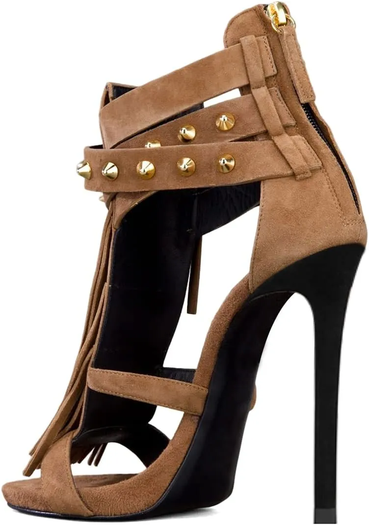 XYD Women Sexy Rivets Tassels Open Toe Pumps Buckled High Heel Cutout Stiletto Sandals with Back Zipper Nightclub Cocktail Party Fashion Shoes