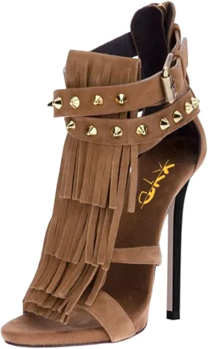 XYD Women Sexy Rivets Tassels Open Toe Pumps Buckled High Heel Cutout Stiletto Sandals with Back Zipper Nightclub Cocktail Party Fashion Shoes