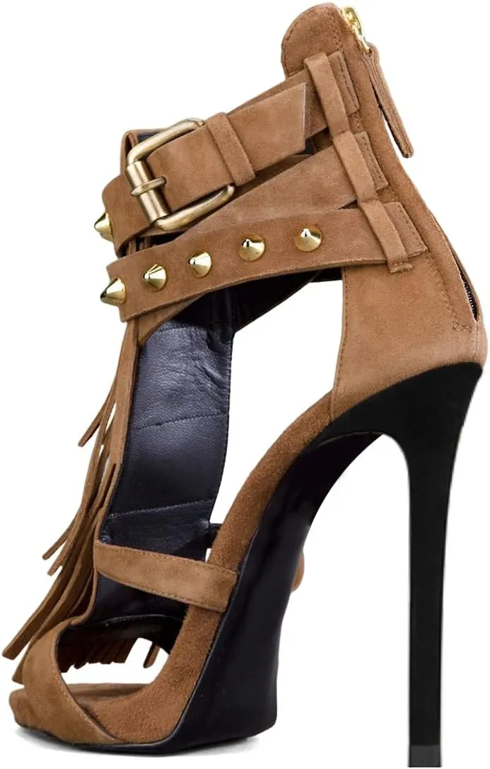 XYD Women Sexy Rivets Tassels Open Toe Pumps Buckled High Heel Cutout Stiletto Sandals with Back Zipper Nightclub Cocktail Party Fashion Shoes