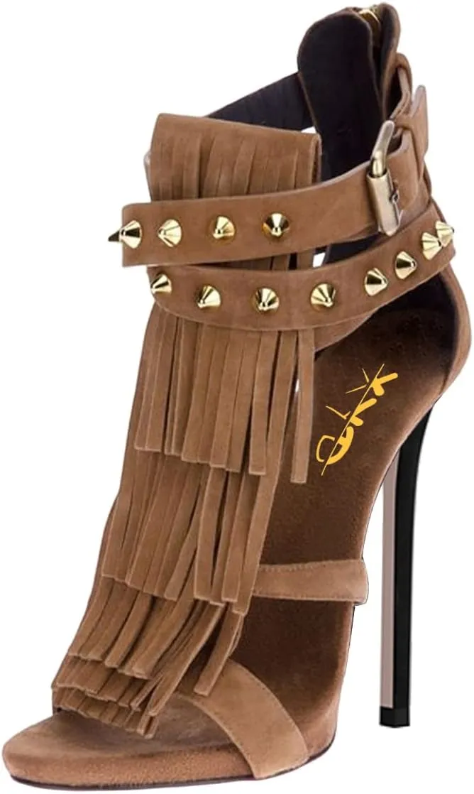 XYD Women Sexy Rivets Tassels Open Toe Pumps Buckled High Heel Cutout Stiletto Sandals with Back Zipper Nightclub Cocktail Party Fashion Shoes