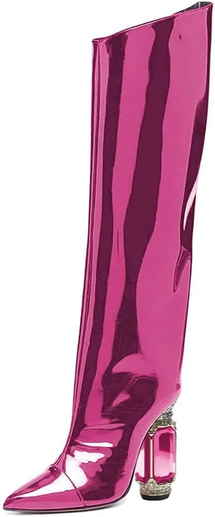 XYD Women Side Zip Knee High Boots Pointed Toe Cylindrical Crystal Block Heels Pumps Slouchy Dressy Party Shoes