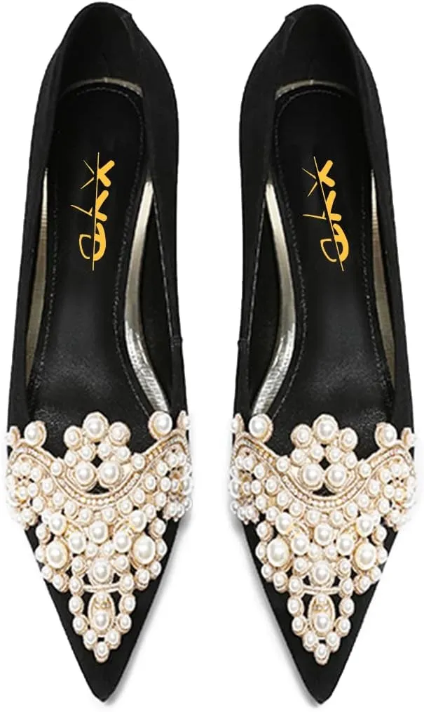 XYD Women's Sense of Luxury Pointed Toe Jewelry Pearl Studs Slip On Embroidery Low Heel Flats Comfortable Wedding Elegant Dress Shoes