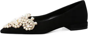 XYD Women's Sense of Luxury Pointed Toe Jewelry Pearl Studs Slip On Embroidery Low Heel Flats Comfortable Wedding Elegant Dress Shoes