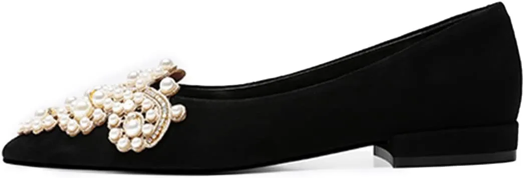 XYD Women's Sense of Luxury Pointed Toe Jewelry Pearl Studs Slip On Embroidery Low Heel Flats Comfortable Wedding Elegant Dress Shoes
