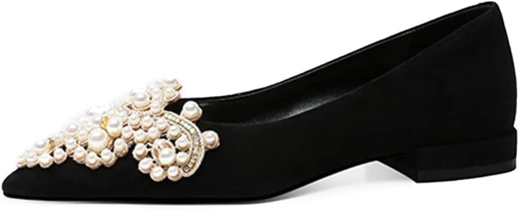 XYD Women's Sense of Luxury Pointed Toe Jewelry Pearl Studs Slip On Embroidery Low Heel Flats Comfortable Wedding Elegant Dress Shoes