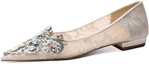 XYD Women's Sense of Luxury Pointed Toe Jewelry Pearl Studs Slip On Embroidery Low Heel Flats Comfortable Wedding Elegant Dress Shoes