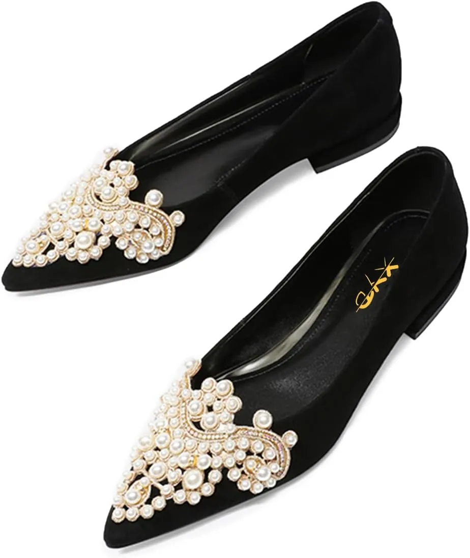 XYD Women's Sense of Luxury Pointed Toe Jewelry Pearl Studs Slip On Embroidery Low Heel Flats Comfortable Wedding Elegant Dress Shoes