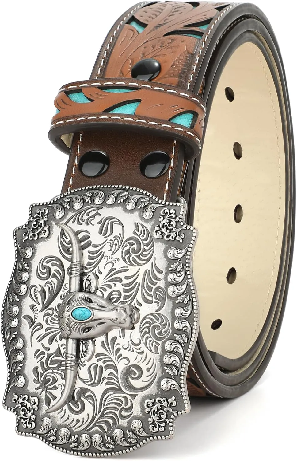 XZQTIVE Women Men Genuine Leather Belt Vintage Ladies Western Belt Engraved Tooled Leather Belt Cowboy Cowgirl Country Belt