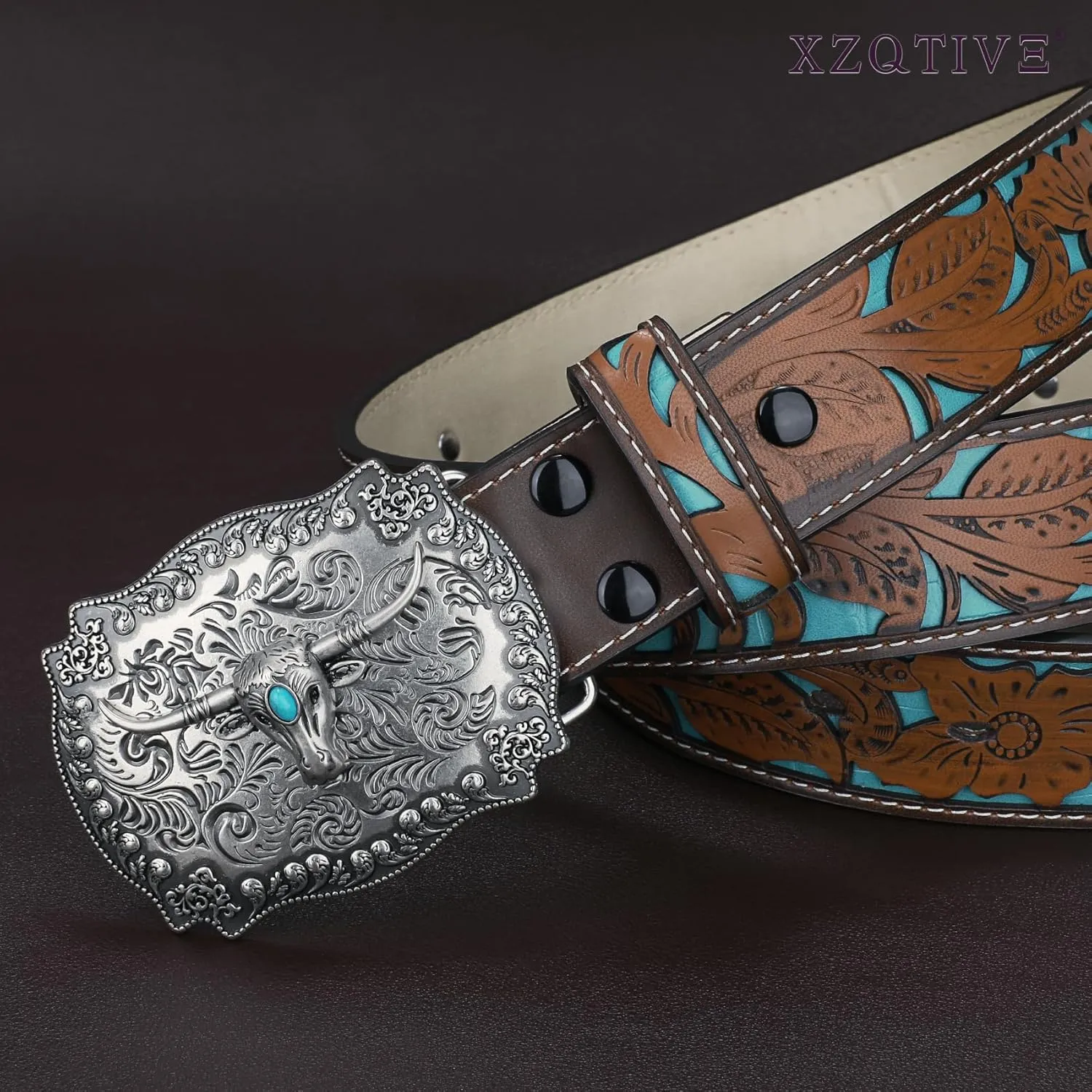 XZQTIVE Women Men Genuine Leather Belt Vintage Ladies Western Belt Engraved Tooled Leather Belt Cowboy Cowgirl Country Belt