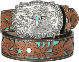 XZQTIVE Women Men Genuine Leather Belt Vintage Ladies Western Belt Engraved Tooled Leather Belt Cowboy Cowgirl Country Belt