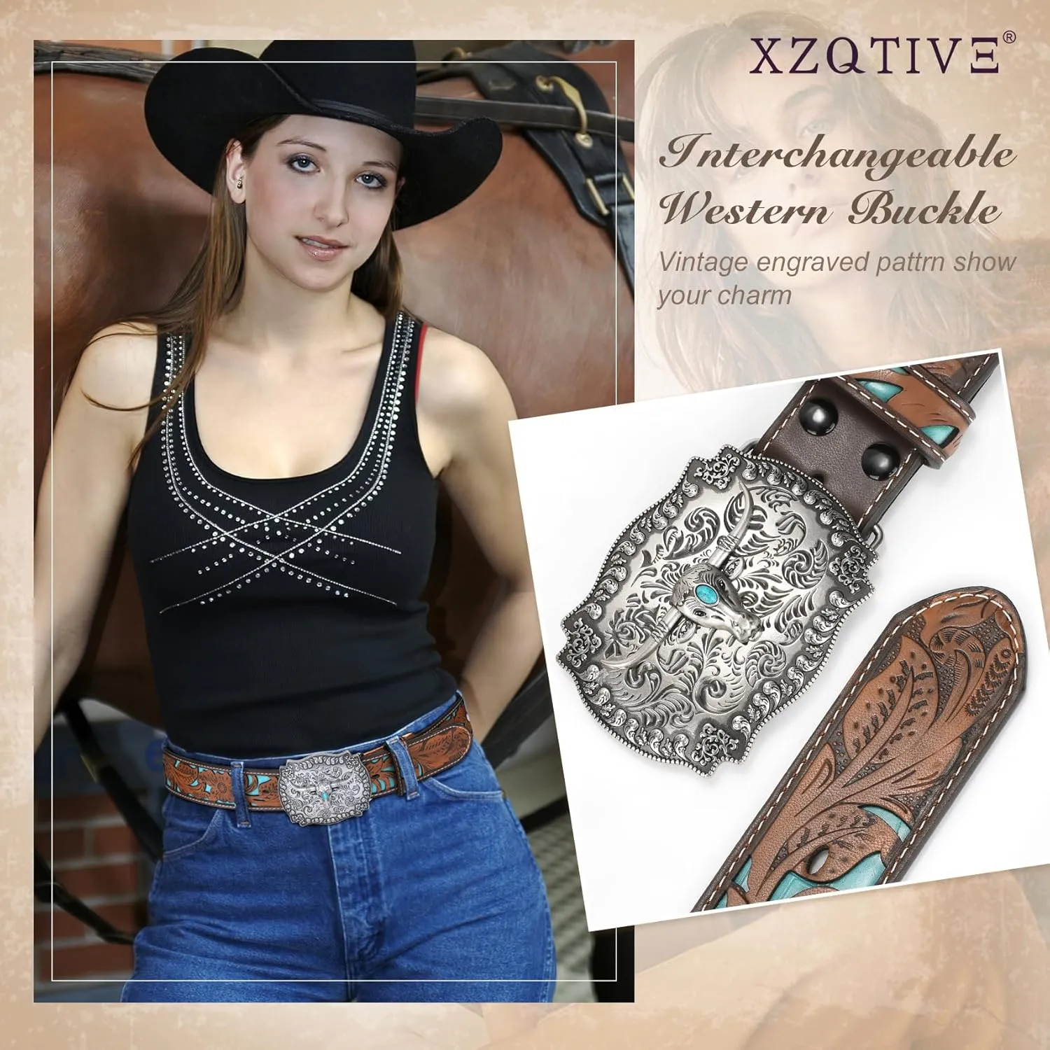 XZQTIVE Women Men Genuine Leather Belt Vintage Ladies Western Belt Engraved Tooled Leather Belt Cowboy Cowgirl Country Belt