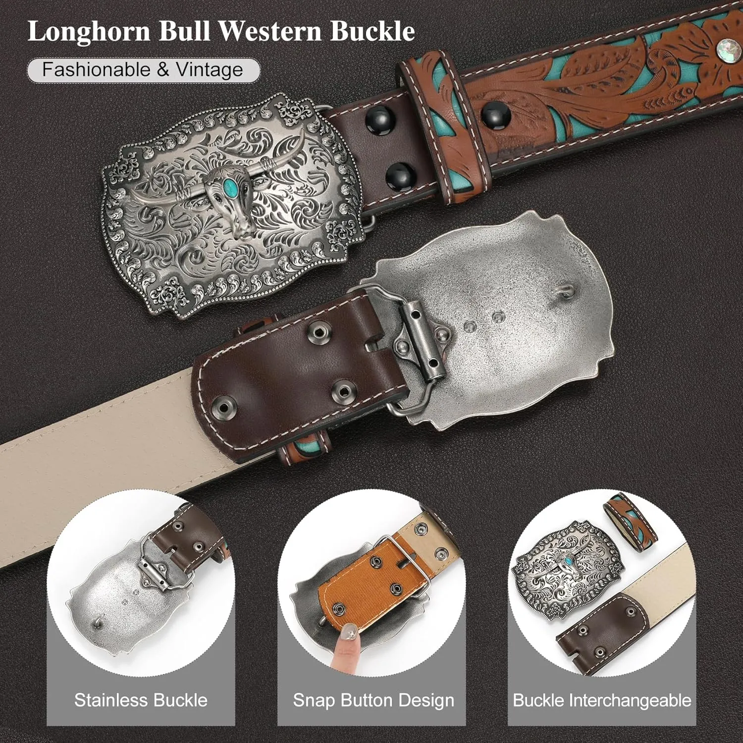 XZQTIVE Women Men Genuine Leather Belt Vintage Ladies Western Belt Engraved Tooled Leather Belt Cowboy Cowgirl Country Belt