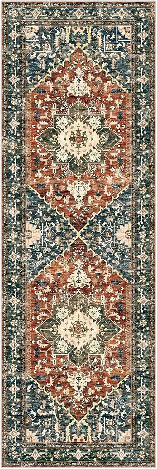Yamaziot Washable Runner Rug, 2x6 Non-Slip Boho Vintage Hallway Rug Runner with Rubber Backing, Stain Resistant & Low Pile Faux Wool Distressed Carpet Runner for Kitchen, Laundry, Entrance
