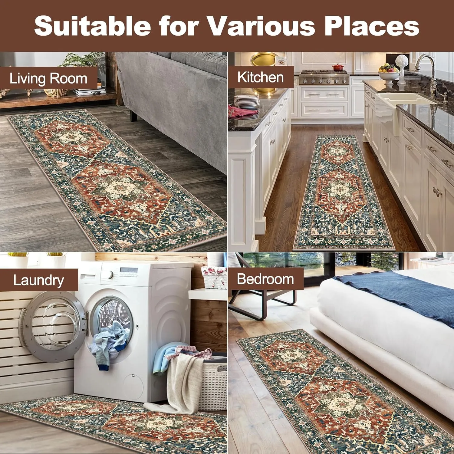 Yamaziot Washable Runner Rug, 2x6 Non-Slip Boho Vintage Hallway Rug Runner with Rubber Backing, Stain Resistant & Low Pile Faux Wool Distressed Carpet Runner for Kitchen, Laundry, Entrance