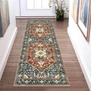 Yamaziot Washable Runner Rug, 2x6 Non-Slip Boho Vintage Hallway Rug Runner with Rubber Backing, Stain Resistant & Low Pile Faux Wool Distressed Carpet Runner for Kitchen, Laundry, Entrance