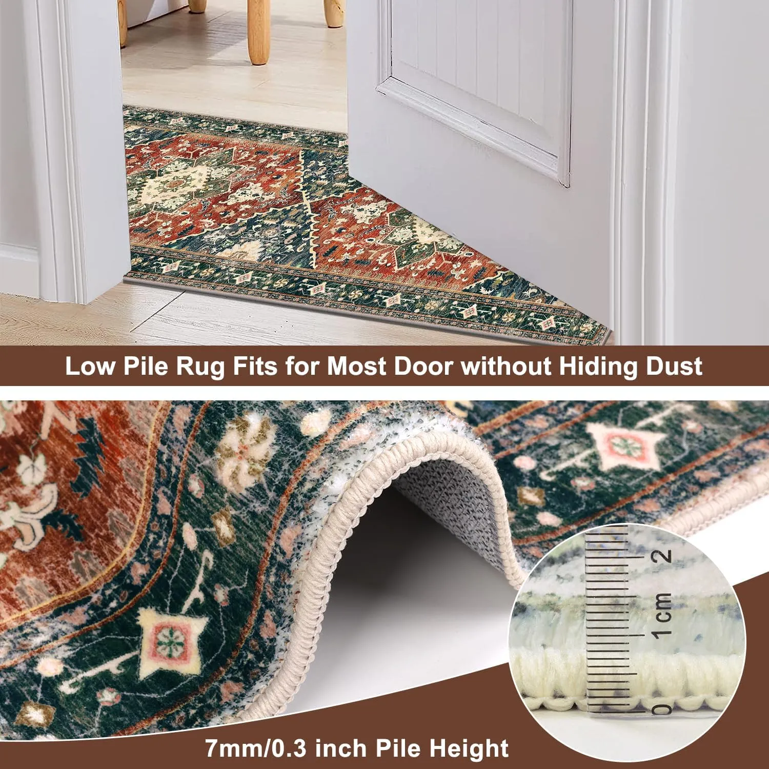Yamaziot Washable Runner Rug, 2x6 Non-Slip Boho Vintage Hallway Rug Runner with Rubber Backing, Stain Resistant & Low Pile Faux Wool Distressed Carpet Runner for Kitchen, Laundry, Entrance