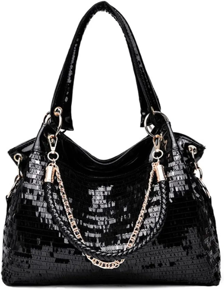 YAQUNICER Women Patent Leather Sequins Handbag Large Capacity Shoulder Crossbody Bag
