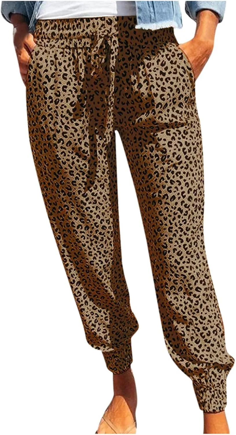 yardsong Leopard Printed Pants for Women Plus Size Drawstring High Waisted Jogger Pants Casual Loose Trousers with Pockets