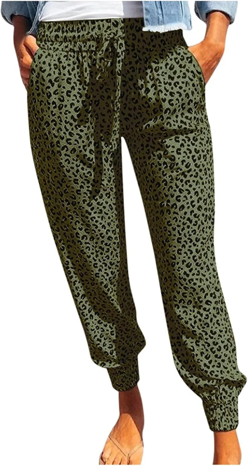 yardsong Leopard Printed Pants for Women Plus Size Drawstring High Waisted Jogger Pants Casual Loose Trousers with Pockets
