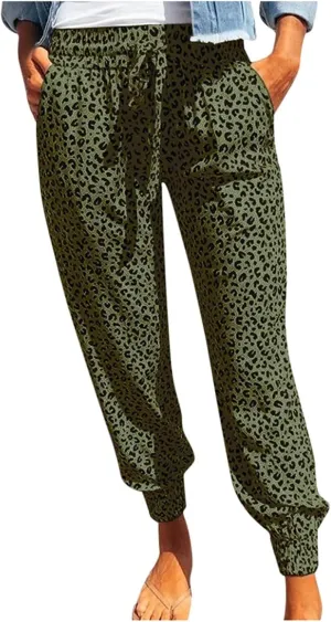 yardsong Leopard Printed Pants for Women Plus Size Drawstring High Waisted Jogger Pants Casual Loose Trousers with Pockets