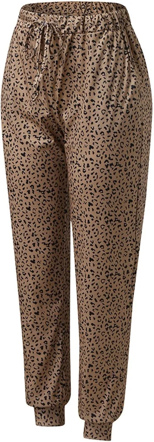 yardsong Leopard Printed Pants for Women Plus Size Drawstring High Waisted Jogger Pants Casual Loose Trousers with Pockets