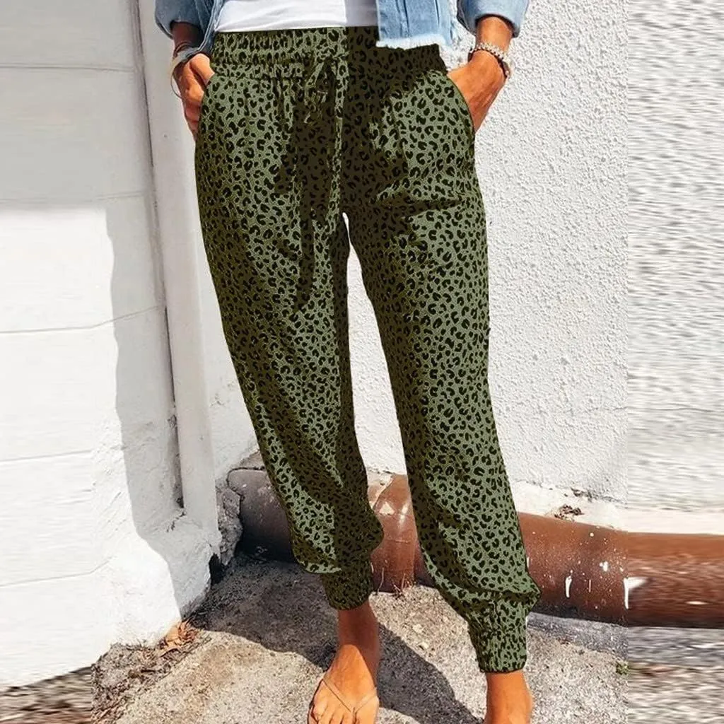 yardsong Leopard Printed Pants for Women Plus Size Drawstring High Waisted Jogger Pants Casual Loose Trousers with Pockets