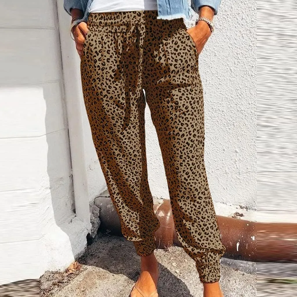 yardsong Leopard Printed Pants for Women Plus Size Drawstring High Waisted Jogger Pants Casual Loose Trousers with Pockets