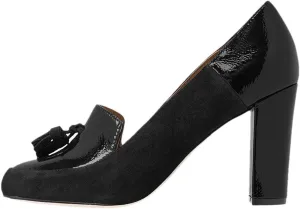 YDN Women Tassels Block Chunky High Heels Pumps Suede Patent Leather Fringed Round Toe Autumn Spring Dress Shoes for Ladies Girls