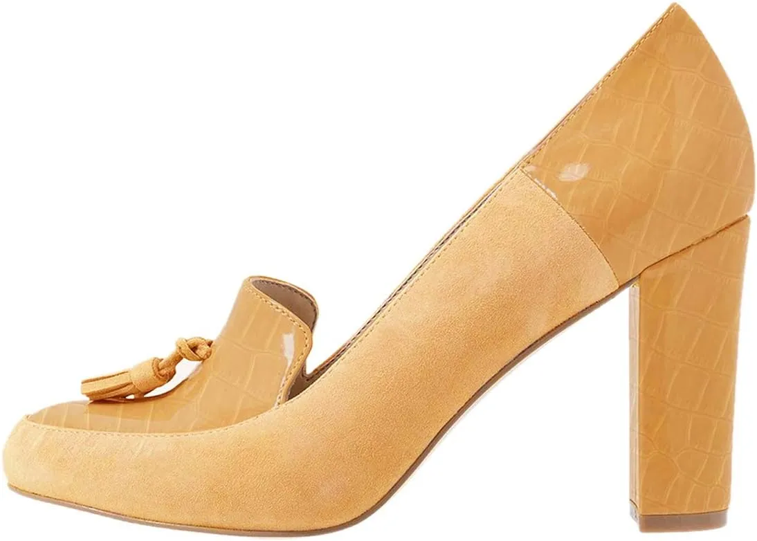 YDN Women Tassels Block Chunky High Heels Pumps Suede Patent Leather Fringed Round Toe Autumn Spring Dress Shoes for Ladies Girls