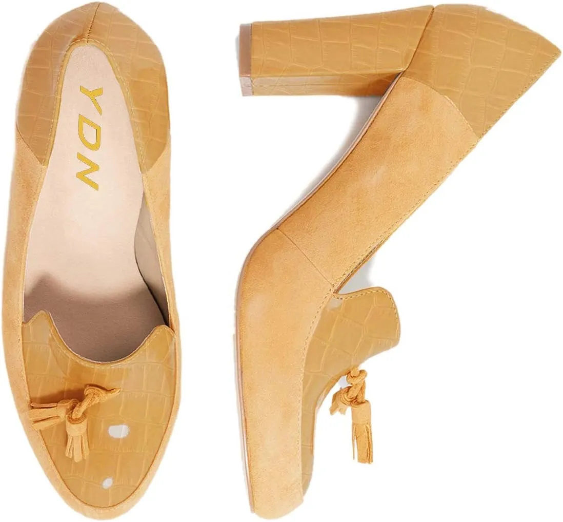 YDN Women Tassels Block Chunky High Heels Pumps Suede Patent Leather Fringed Round Toe Autumn Spring Dress Shoes for Ladies Girls