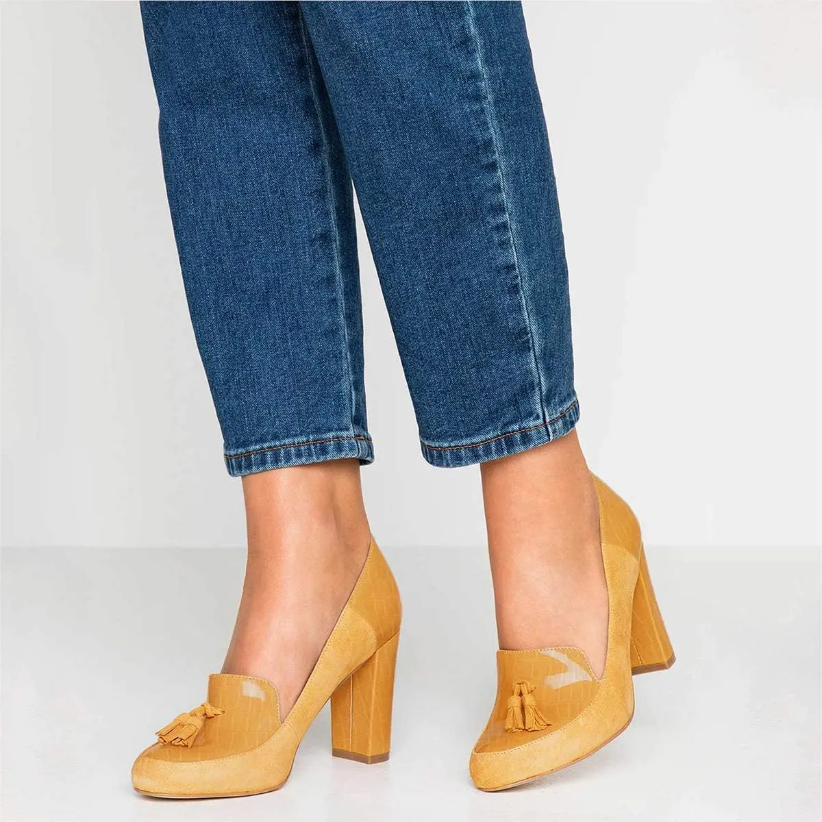 YDN Women Tassels Block Chunky High Heels Pumps Suede Patent Leather Fringed Round Toe Autumn Spring Dress Shoes for Ladies Girls