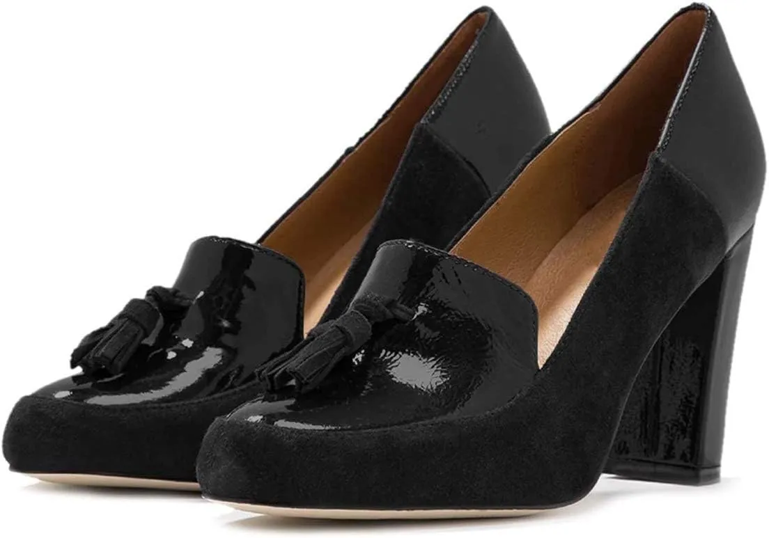 YDN Women Tassels Block Chunky High Heels Pumps Suede Patent Leather Fringed Round Toe Autumn Spring Dress Shoes for Ladies Girls