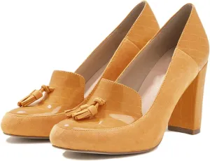 YDN Women Tassels Block Chunky High Heels Pumps Suede Patent Leather Fringed Round Toe Autumn Spring Dress Shoes for Ladies Girls