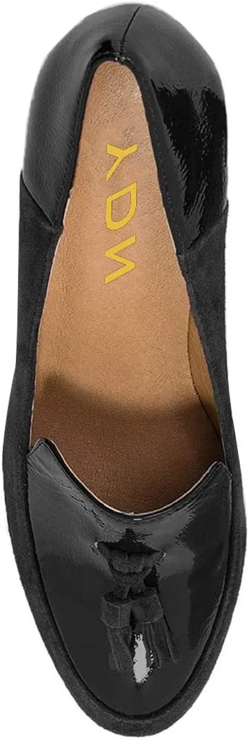 YDN Women Tassels Block Chunky High Heels Pumps Suede Patent Leather Fringed Round Toe Autumn Spring Dress Shoes for Ladies Girls