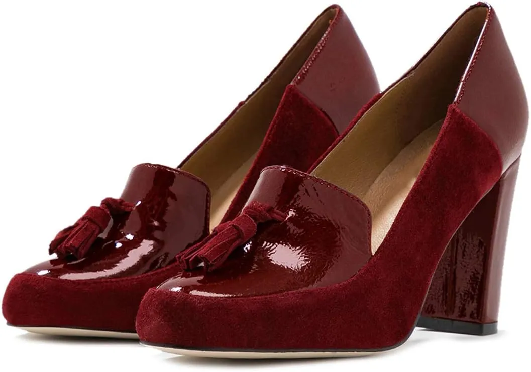 YDN Women Tassels Block Chunky High Heels Pumps Suede Patent Leather Fringed Round Toe Autumn Spring Dress Shoes for Ladies Girls