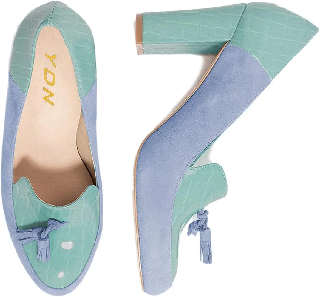 YDN Women Tassels Block Chunky High Heels Pumps Suede Patent Leather Fringed Round Toe Autumn Spring Dress Shoes for Ladies Girls