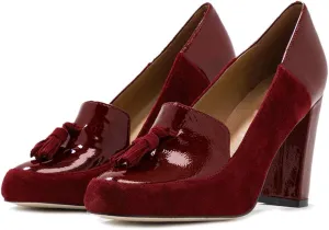 YDN Women Tassels Block Chunky High Heels Pumps Suede Patent Leather Fringed Round Toe Autumn Spring Dress Shoes for Ladies Girls