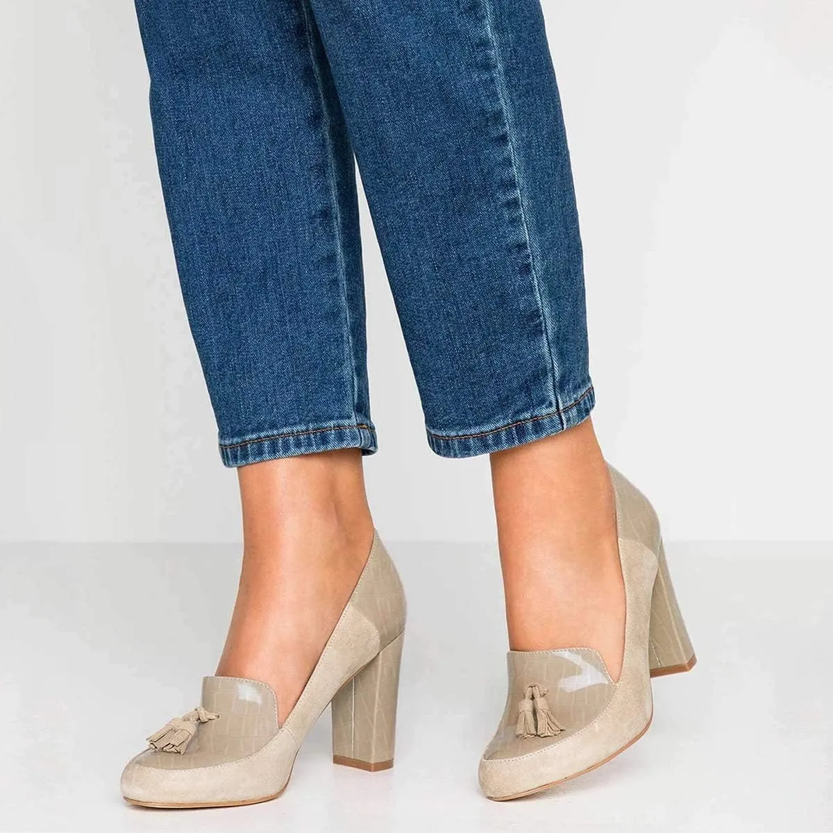 YDN Women Tassels Block Chunky High Heels Pumps Suede Patent Leather Fringed Round Toe Autumn Spring Dress Shoes for Ladies Girls