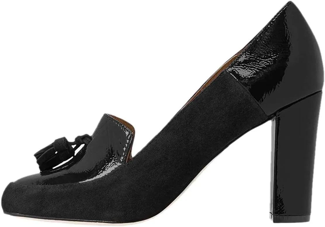 YDN Women Tassels Block Chunky High Heels Pumps Suede Patent Leather Fringed Round Toe Autumn Spring Dress Shoes for Ladies Girls