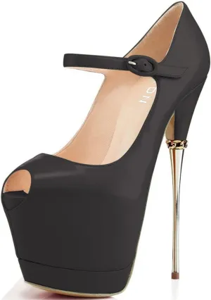 YDN Women's Peep Toe Sky High Heels Platform Pumps Ankle Straps Shoes Metal Stilettos Size 4-15 US