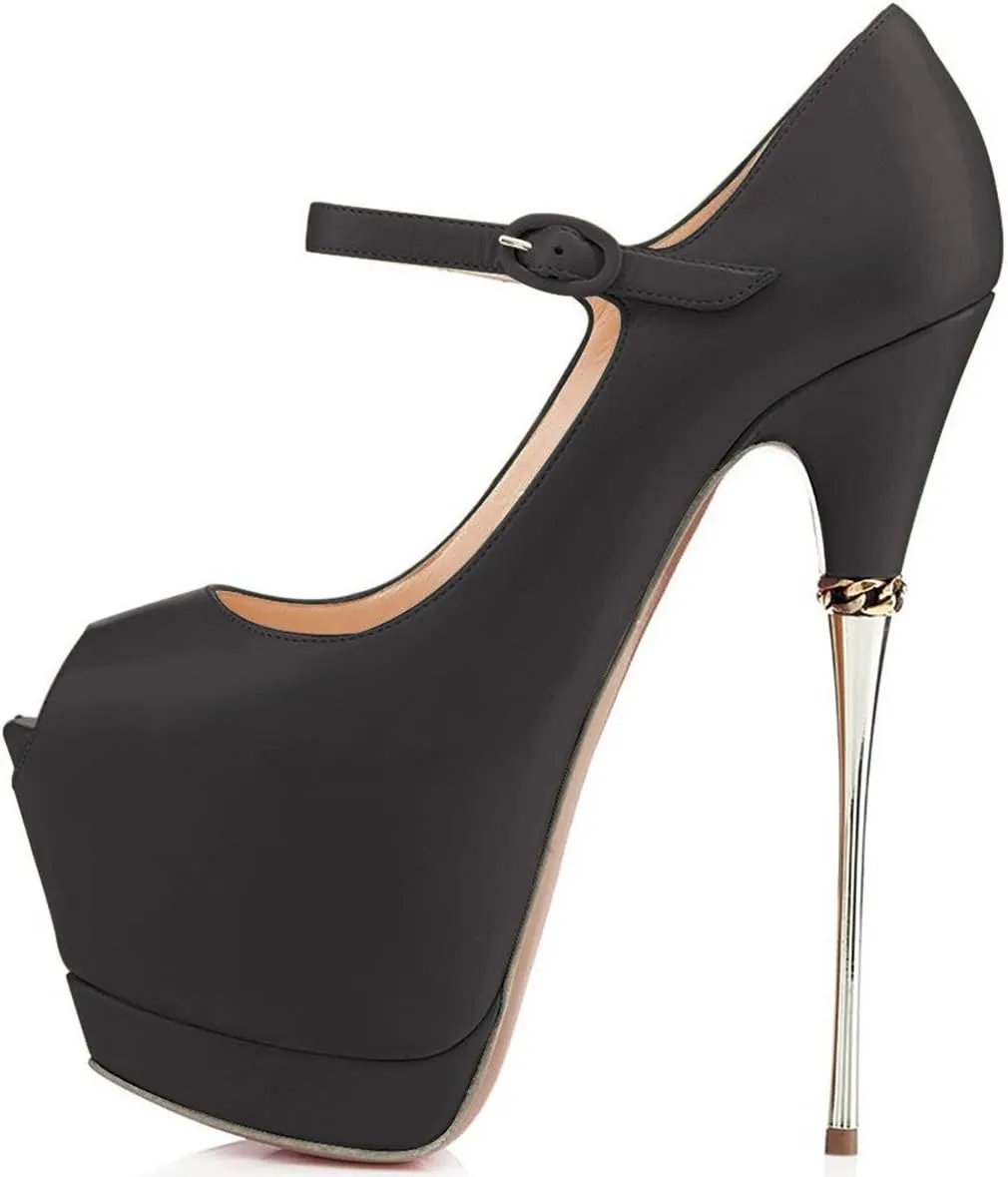 YDN Women's Peep Toe Sky High Heels Platform Pumps Ankle Straps Shoes Metal Stilettos Size 4-15 US