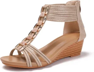 Yenktwei Women's Wedge Sandals Summer Comfort Open Toe Platform Bohemian Beach Sandals Zipper Back Shoes